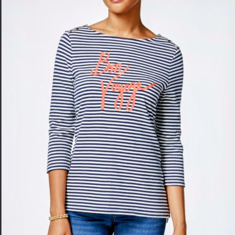 Charter Club Navy & Cream Striped Cotton 3/4 Length Shirt Coral Bon Voyage